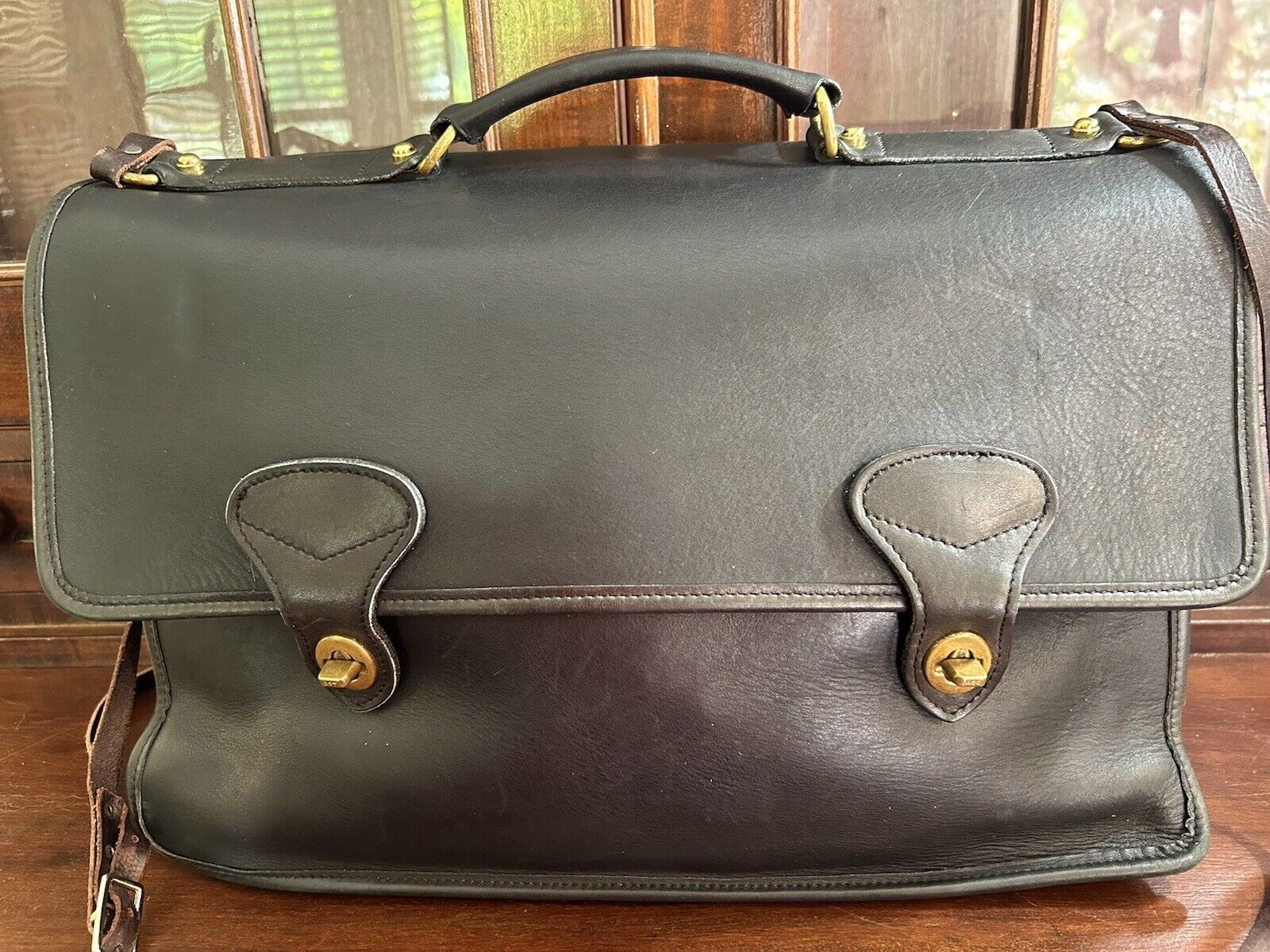Jack Georges Vintage Double Gusset Black Leather Briefcase Messenger Bag Brass