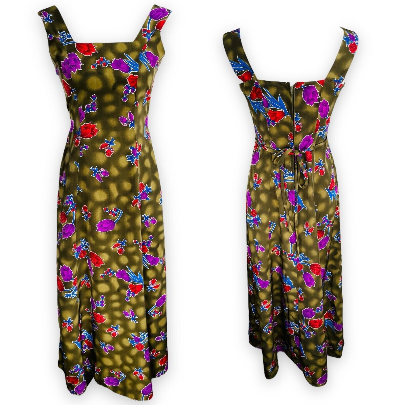 Vintage 90s Army Green Bright Floral Sleeveless Square Neck Midi Dress Small