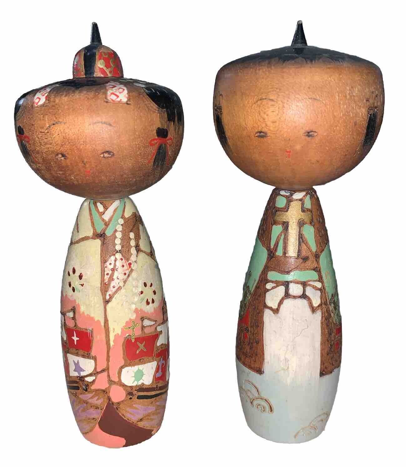 Vintage Japanese Kokeshi Doll Scenic Landscape Couple Wooden Hand Painted