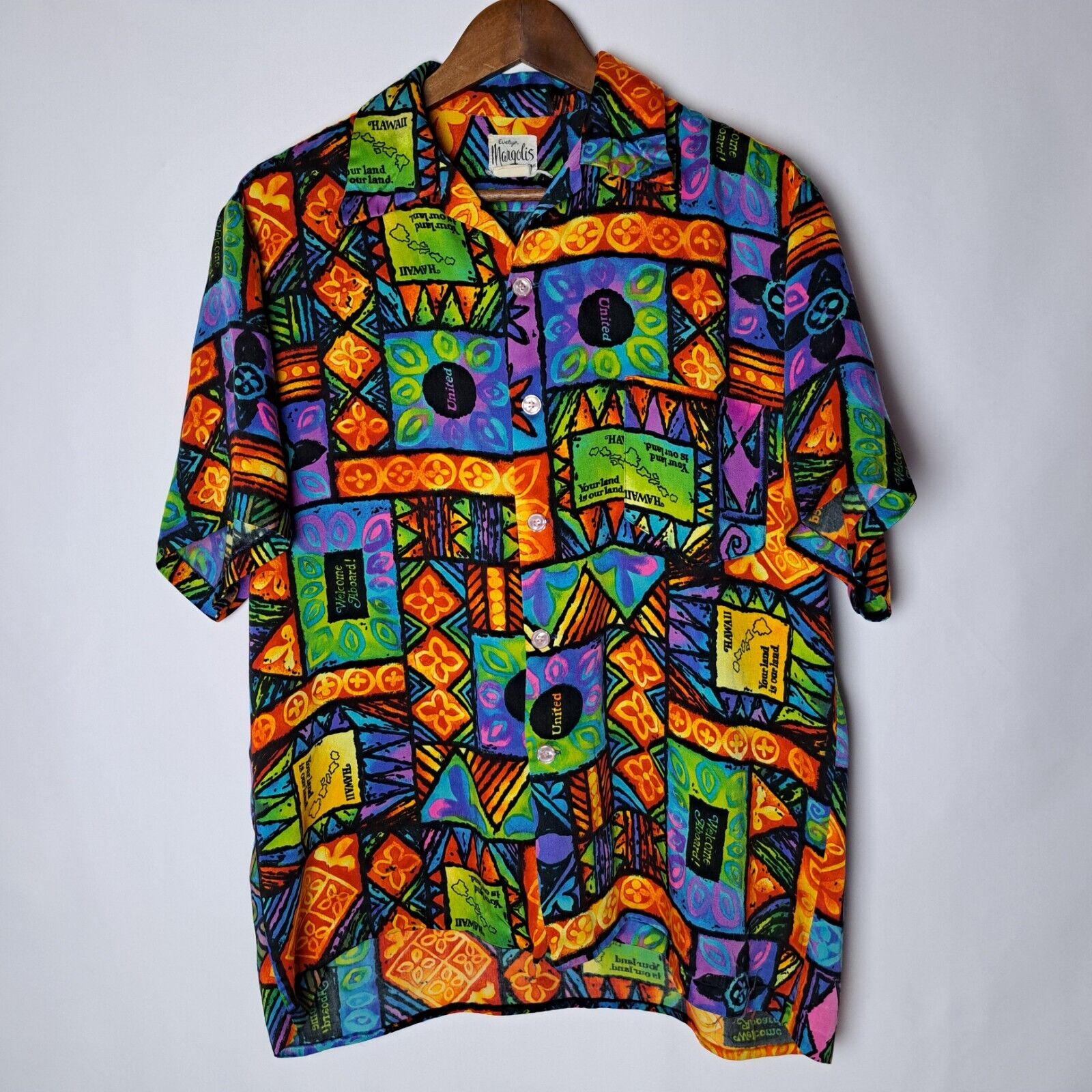 Vintage Evelyn Margolis Hawaiian Shirt Mens Large Multicolor Bark Cloth Button