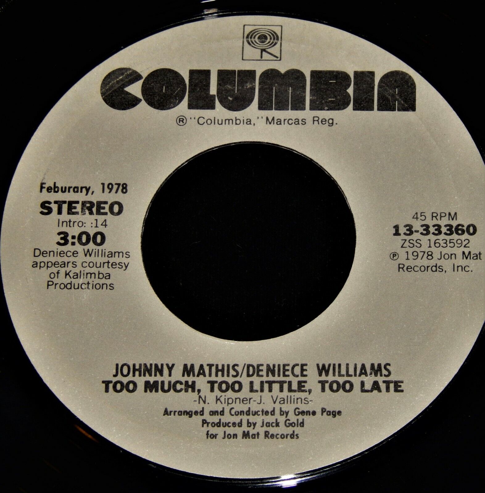 Vintage Record,JOHNNY MATHIS & DENIECE WILLIAMS: TOO MUCH TOO LITTLLE,45rpm,1978
