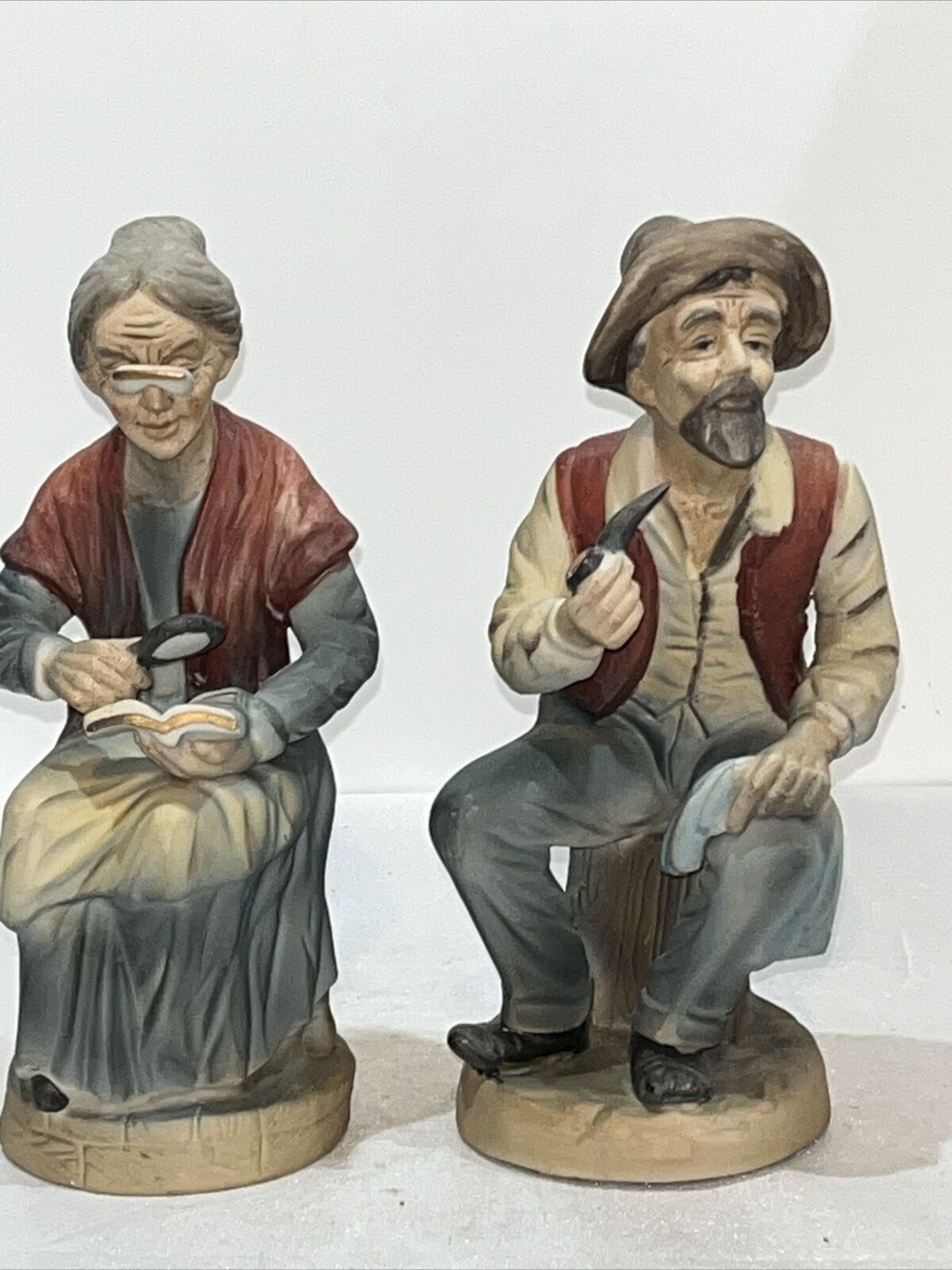 Vintage Napcoware Old Man With Pipe & Old Woman Reading Book Ceramic Figurines7”
