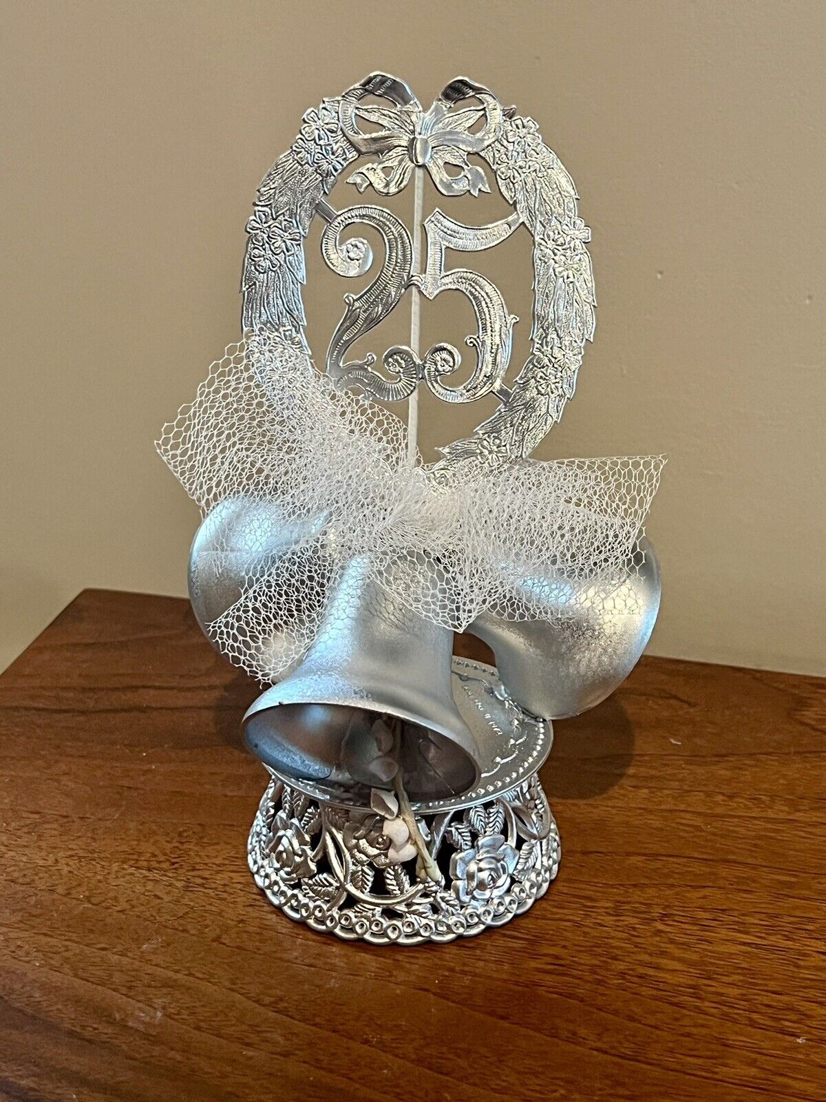 Vintage~25th Anniversary Silver Wedding Cake Topper Flowers ~ Bells~Bridal