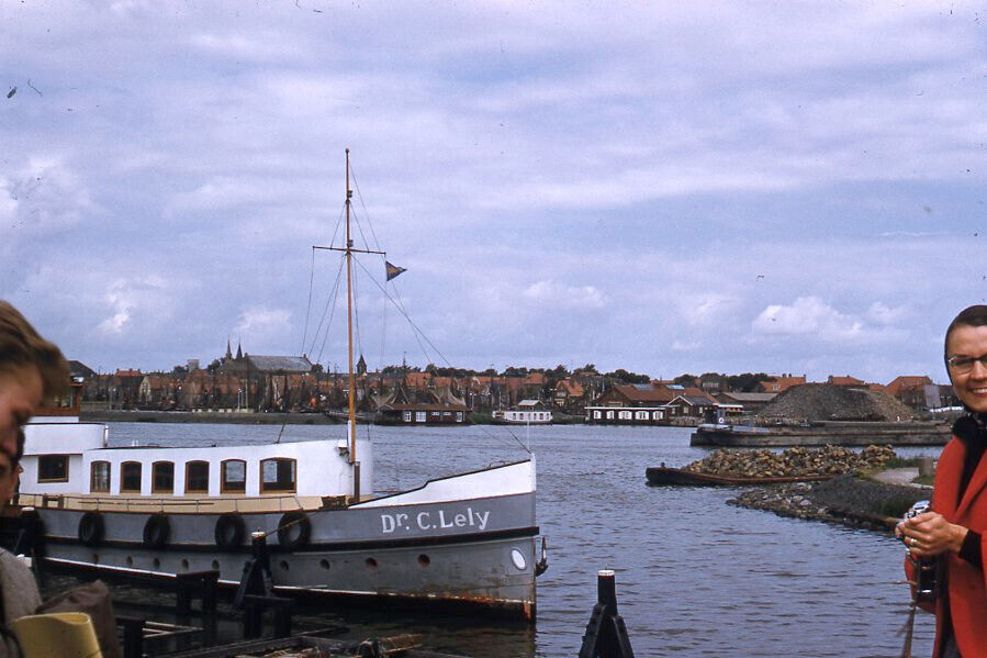 35mm Slide 1950s Red Border Kodachrome Boat in Harbor Named Dr C Lely in Holland