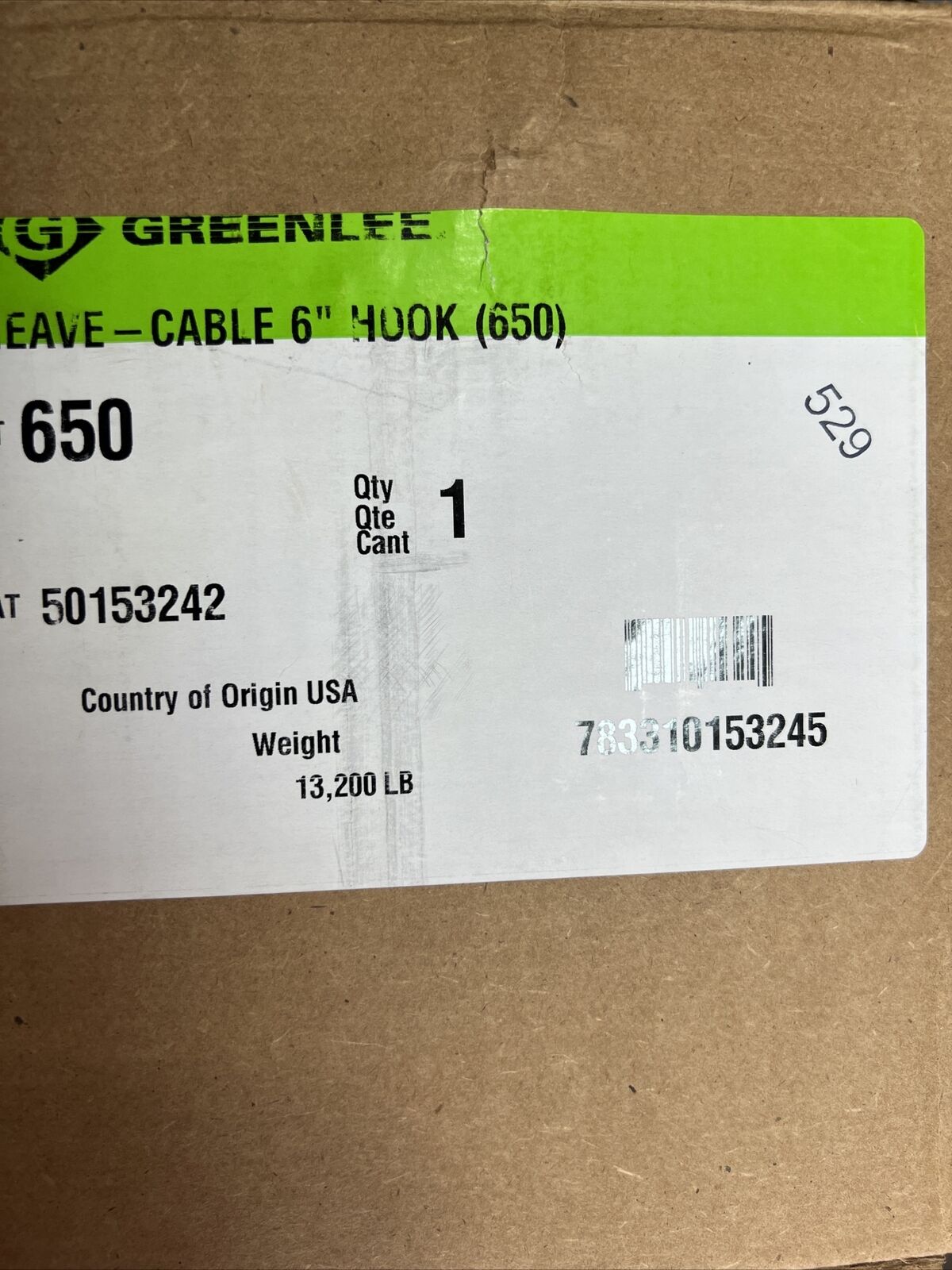 Greenlee 650 Cable Puller Sheave Hook - 6 inch