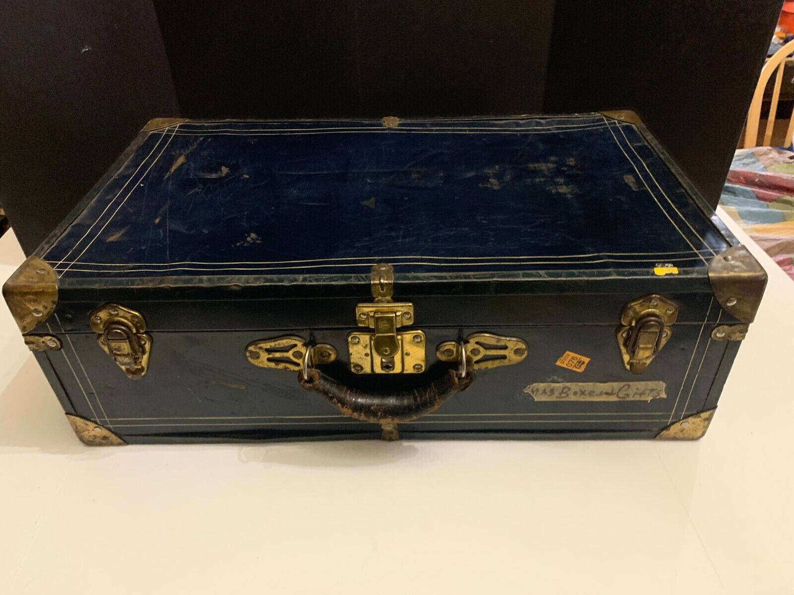 Antique c.1920\'s Blue Metal Suitcase Travel Trunk