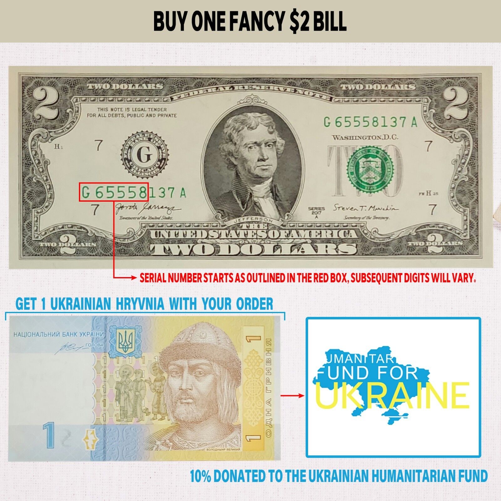 $2 Bill Fancy 555 Serial + 1 Ukrainian Hryvnia Bonus - Lucky Range