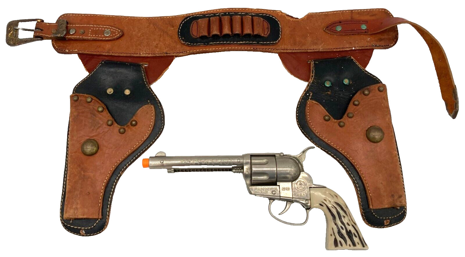 VTG FANNER 50 Pistol Cap Gun MATTEL Fixed Cylinder Antique W/ Leather Holster