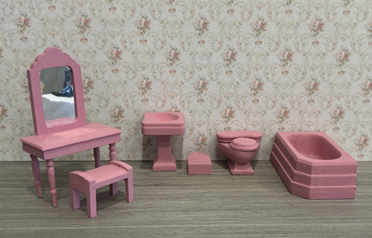 Dollhouse Miniature 1:16 Antique Strombecker Pink Bathroom With Vanity 6 Piece