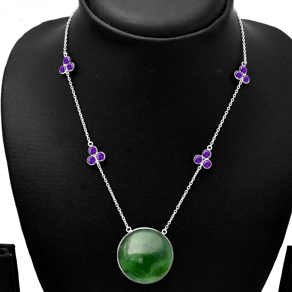 Nephrite Jade - Canada & Amethyst 925 Sterling Silver Necklace Jewelry N-1004
