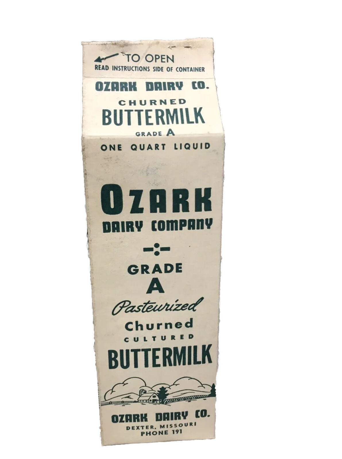 Rare Vintage Buttermilk CONTAINER 1 QUART (waxed CARTON) Ozark Dairy Dexter, Mo