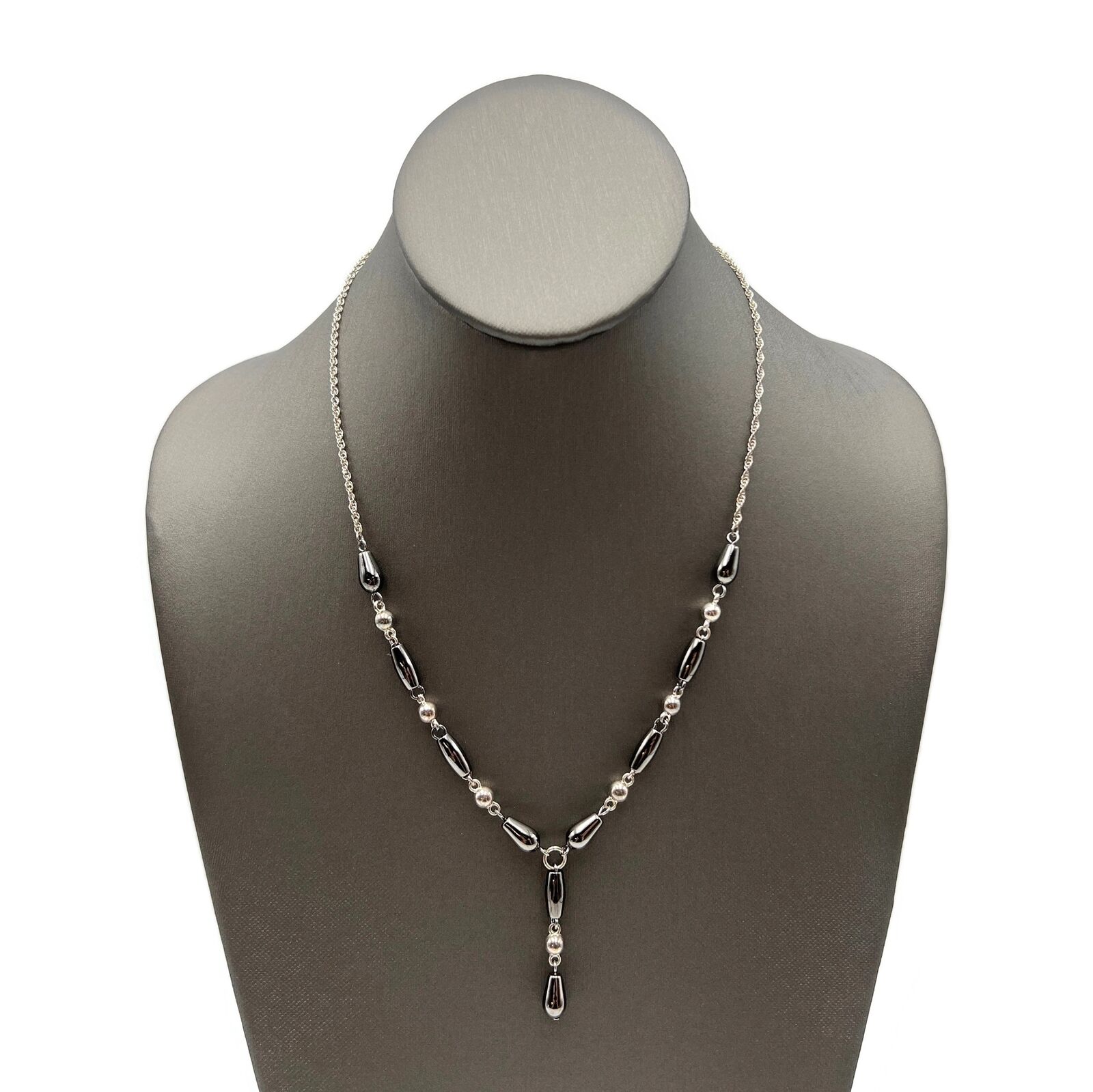 Vintage Premier Design Silver Tone Gray Hematite Bead Y Fashion Necklace