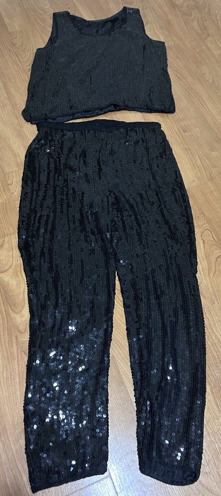 Vintage Black Sequins 2 Piece Pant Set Sleeveless 100% Silk Small 