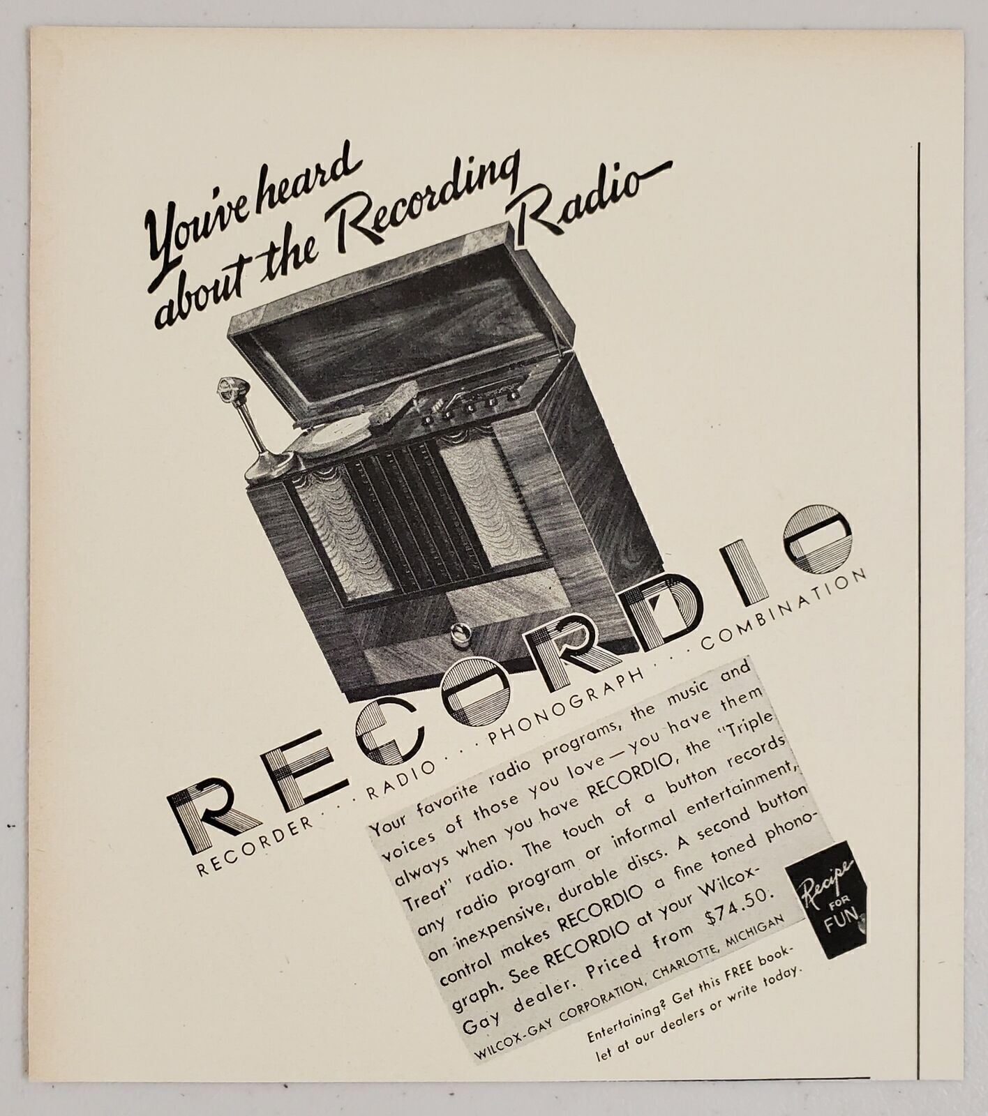 1940 Print Ad Recordio Recording Radio Phonograph Player Wilcox-Gay CharlevoixMI