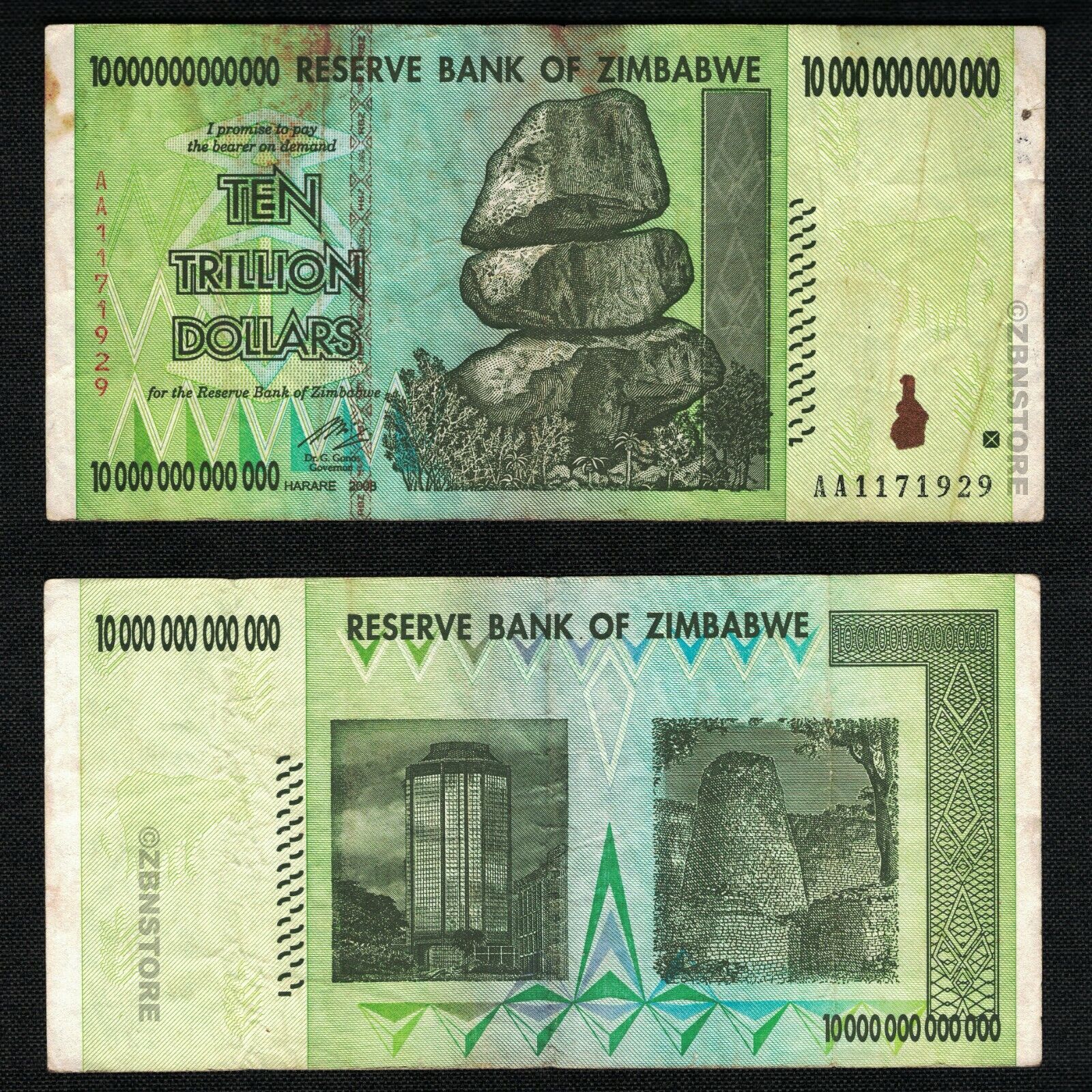 1 x 10 Trillion Zimbabwe Dollars Banknote AA 2008 Currency 100 % Authentic + COA