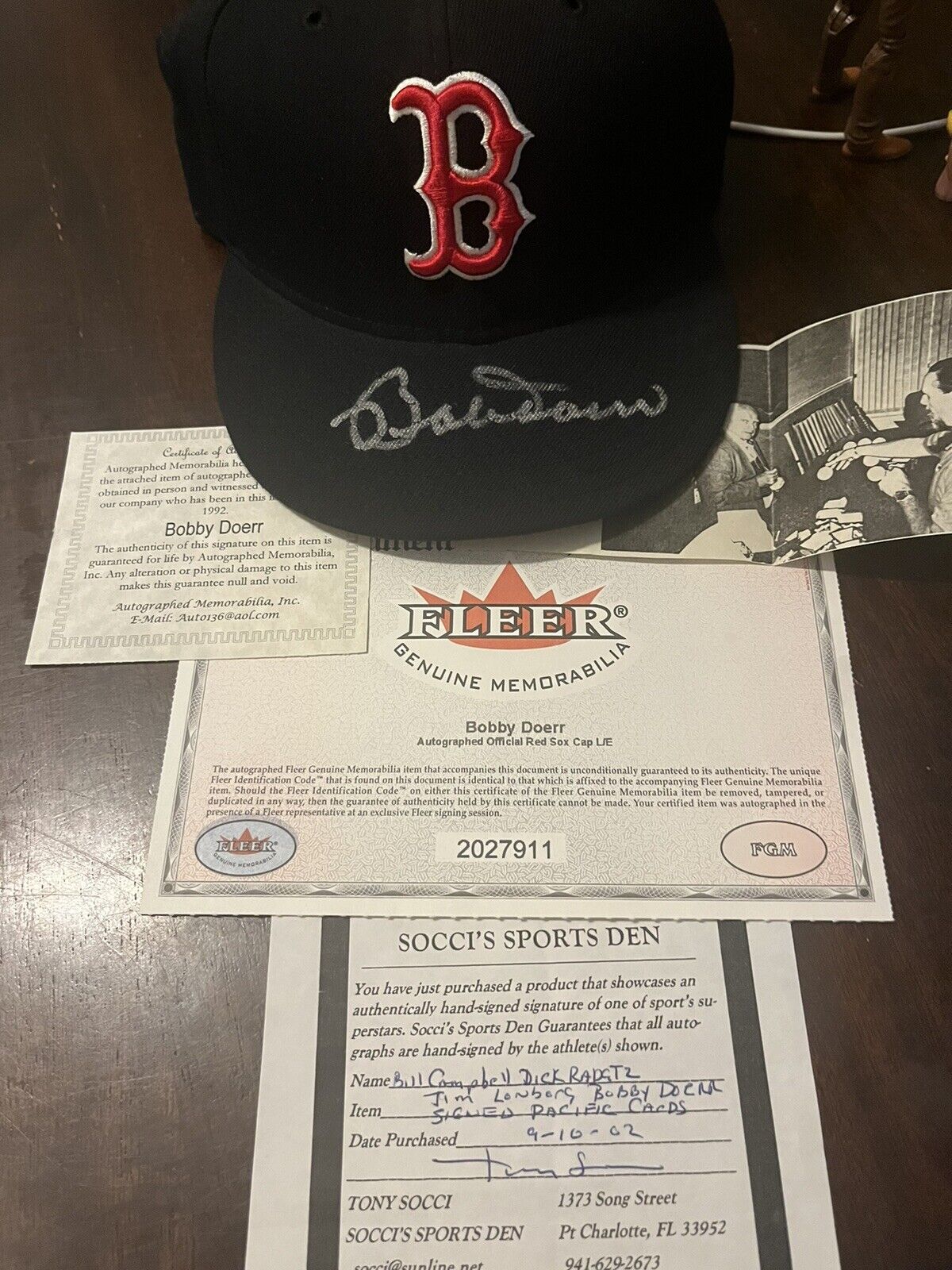 BOBBY DOERR BOSTON RED SOX HOF SIGNED AUTO AUTHENTIC NEW ERA MADE IN USA FLEER 