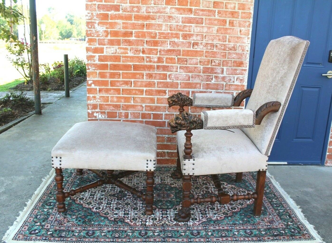 French Antique Upholstered Oak Gray Armchair w Ottoman c1880s ~ Recliner ~
