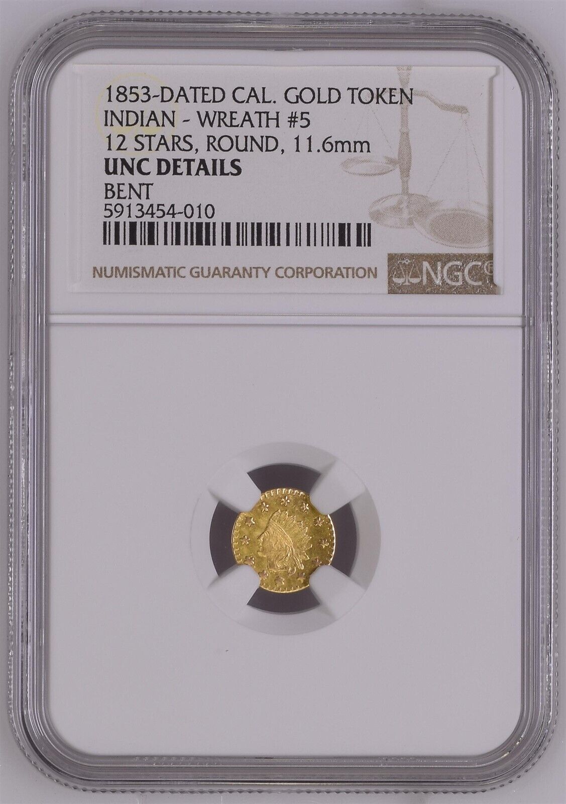 FROSTED 1853 CALIFORNIA GOLD INDIAN - WREATH #5 12 STARS, ROUND / NGC UNC