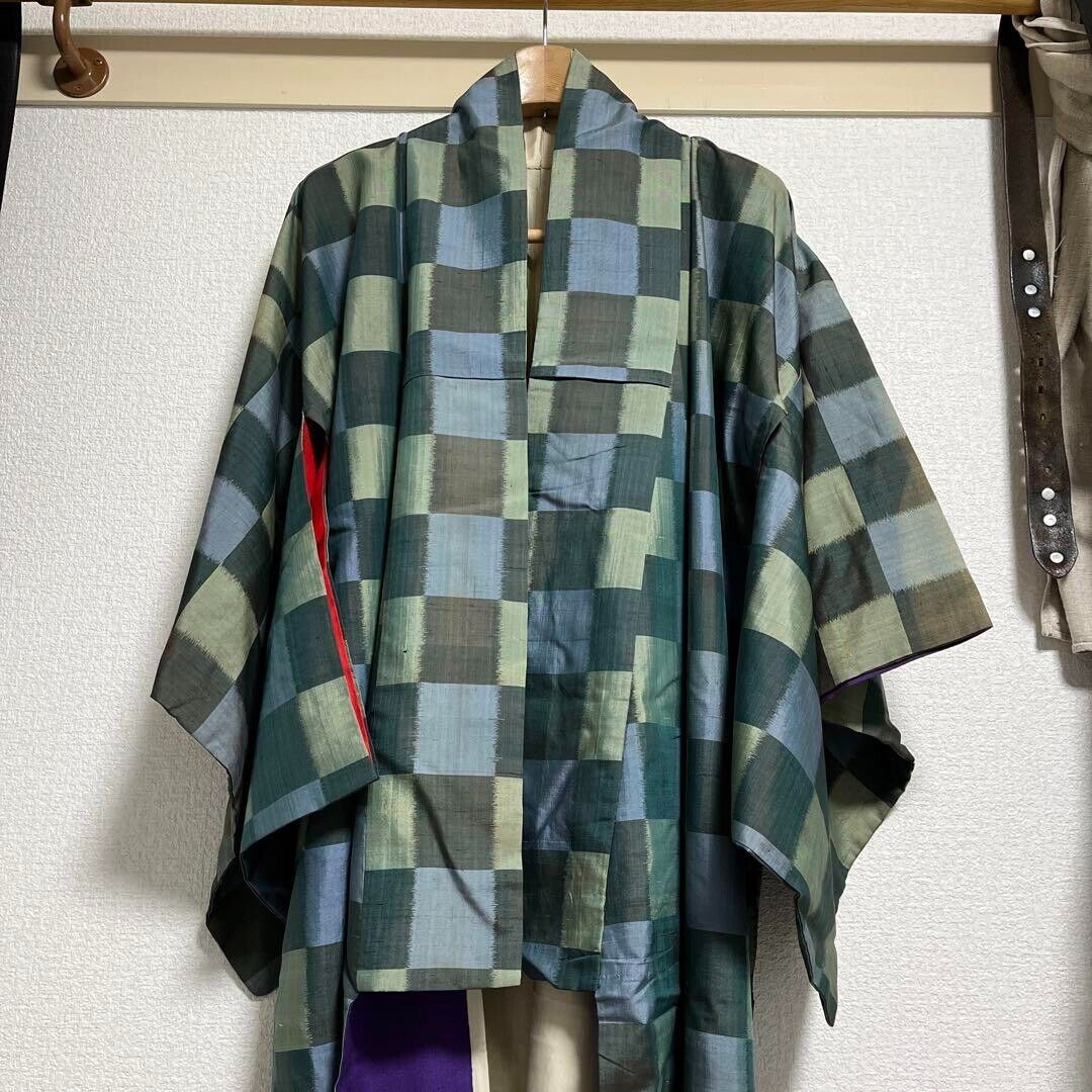 Japanese Taisho Period Vintage Silk Check Kimono Noragi Green Used