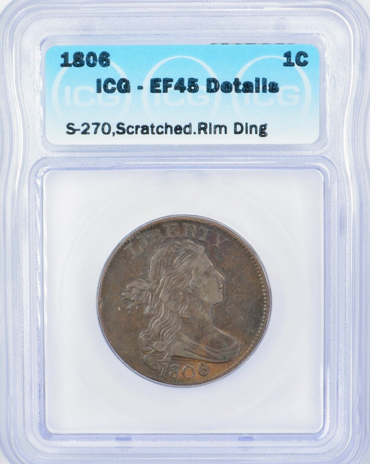 1806 Draped Bust Large Cent 1c - ICG XF45 Details - 