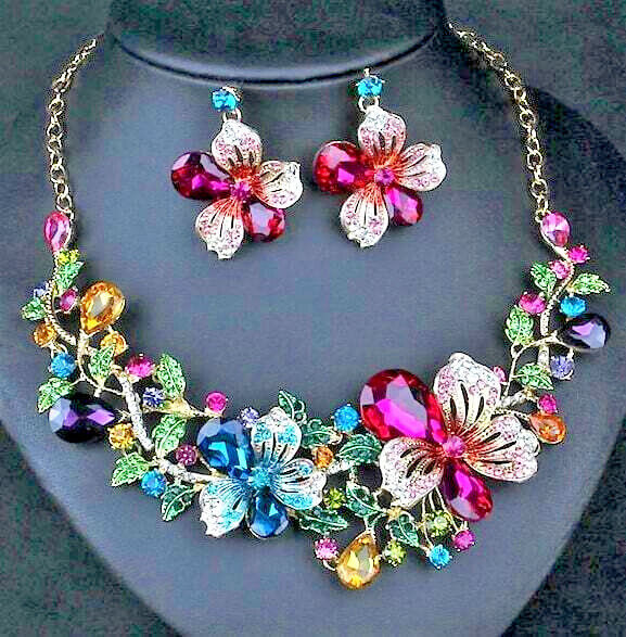 Superb FLORAL Bouquet RAINBOW Flower JEWEL Betsey Johnson Necklace Earrings SET
