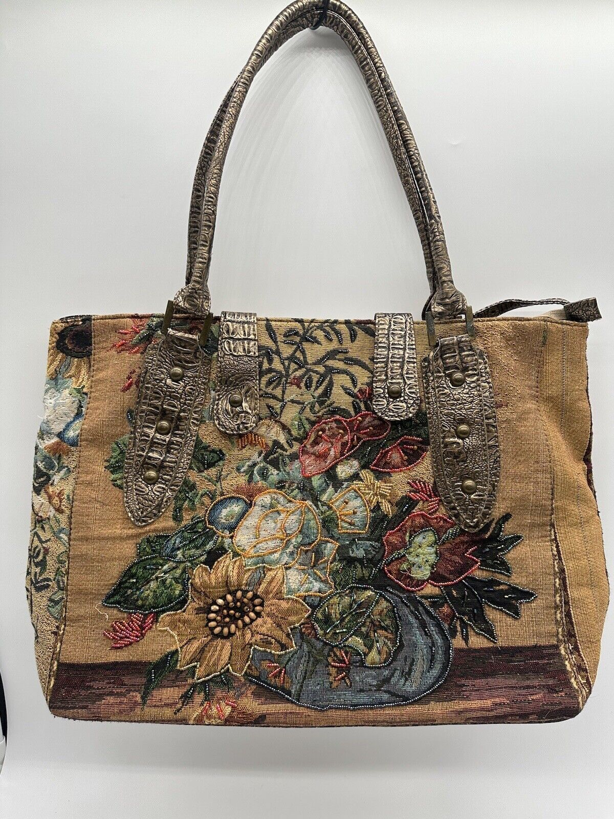 MELLOW WORLD FLOWER SHOP BEADED TAPESTRY WEEKEND TOTE BAG