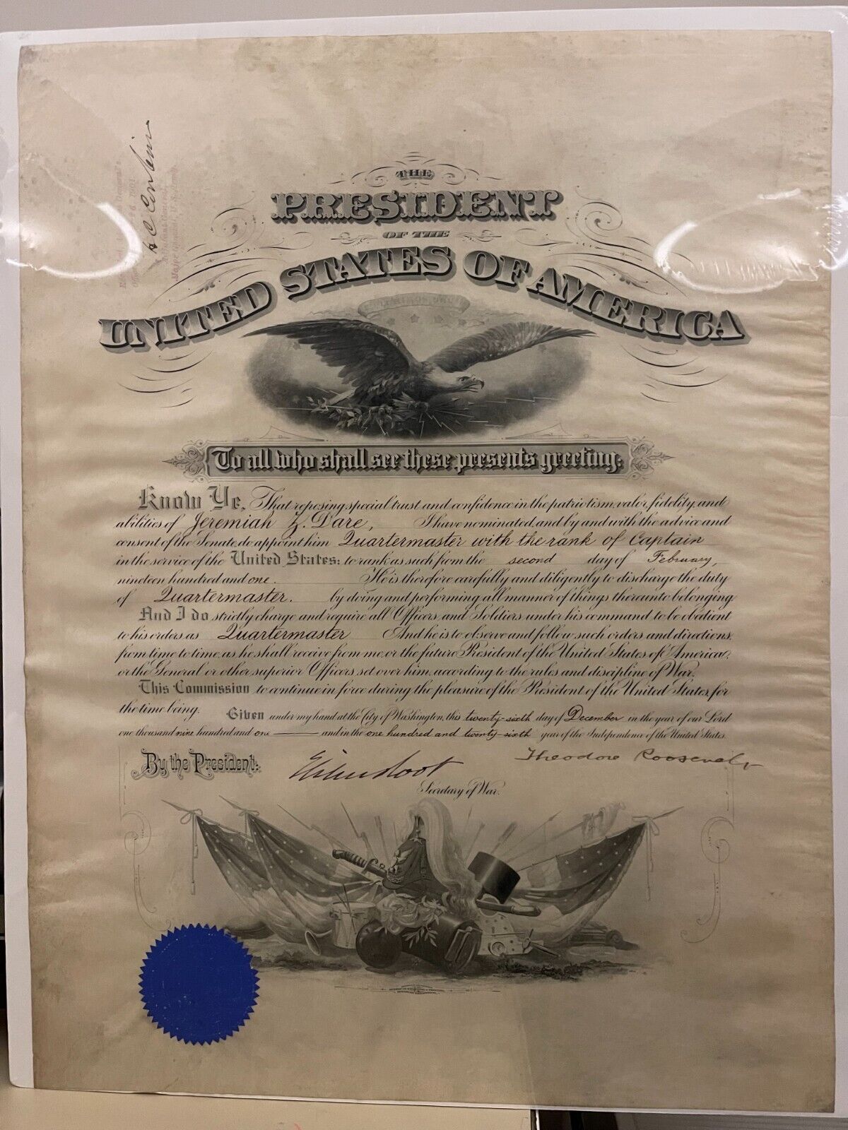 THEODORE ROOSEVELT - MILITARY APPOINTMENT SIGNED 02-02-1901 WITH CO-SIGNERS