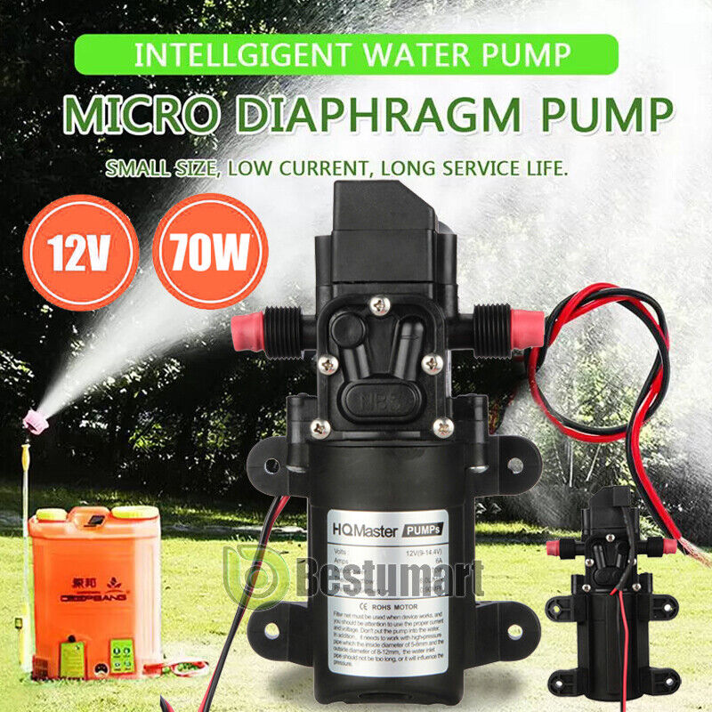 12V 70W Water Pump W/ 2 Hose Clamps Diaphragm Self Priming Pressure Auto Switch