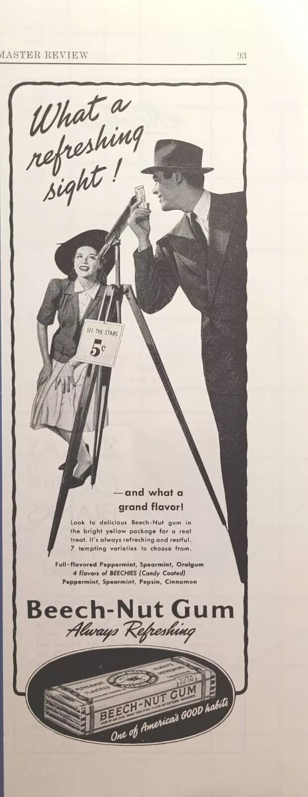 Beech-Nut Chewing Gum Lady Telescope Tripod Man Flirt Vintage Print Ad 1941