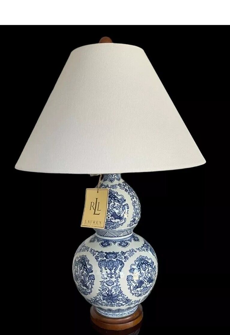 NEW Ralph Lauren Table Lamp Pear Shape Porcelain Blue & White Koi Fish 26\