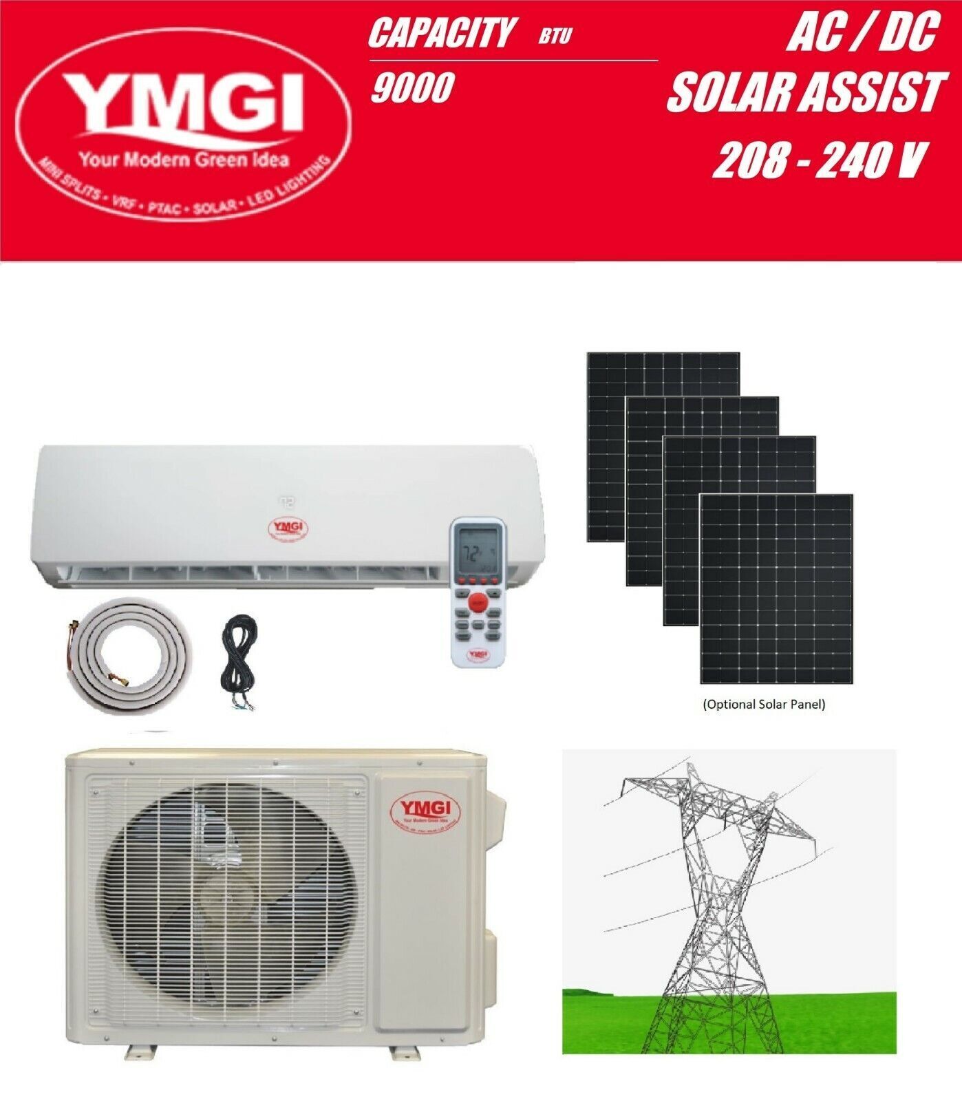 Solar Hybrid Powered Mini Split Ductless Air Conditioner YMGI 208-230V LI0