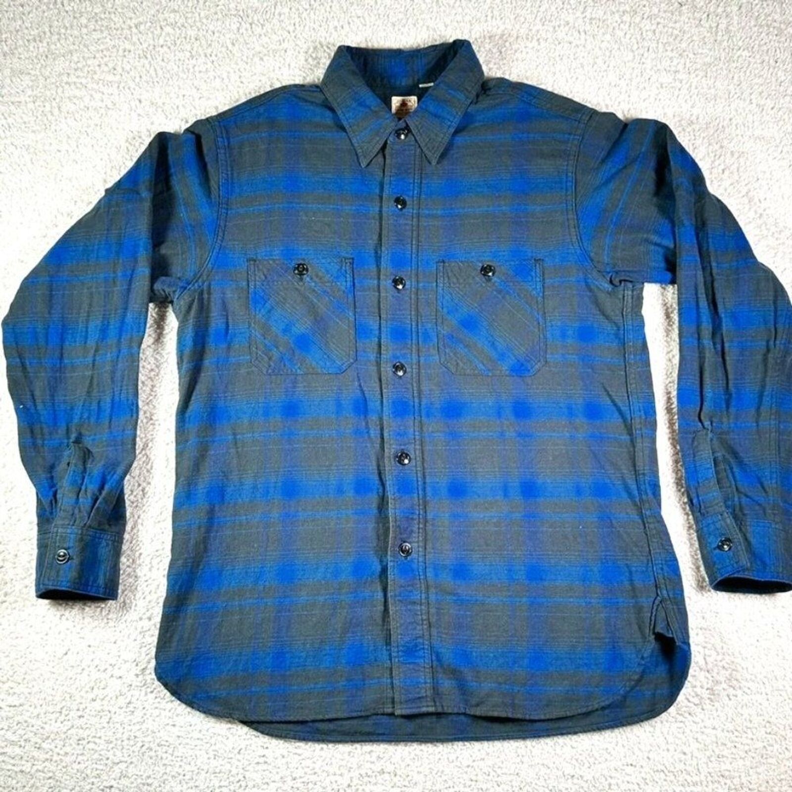 Sugar Cane Mens Long Sleeve Button Shirt Flannel Work Shirt Selvedge Blue Black