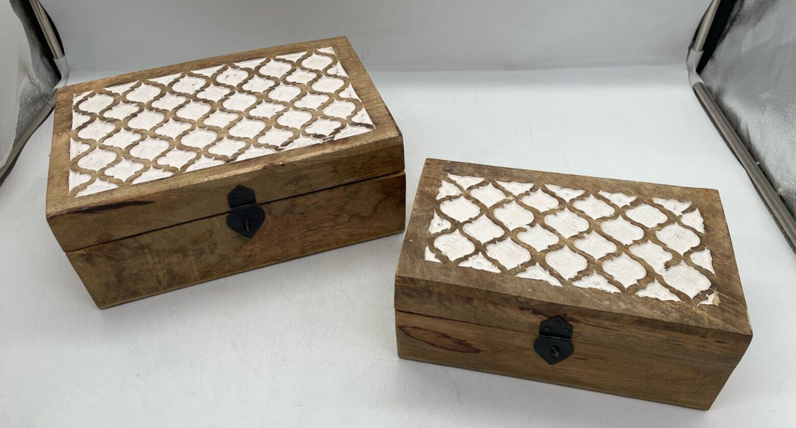 Set of 2 Carved Wooden Box, Home Decor, Keepsake Box, Farmhouse, Modern