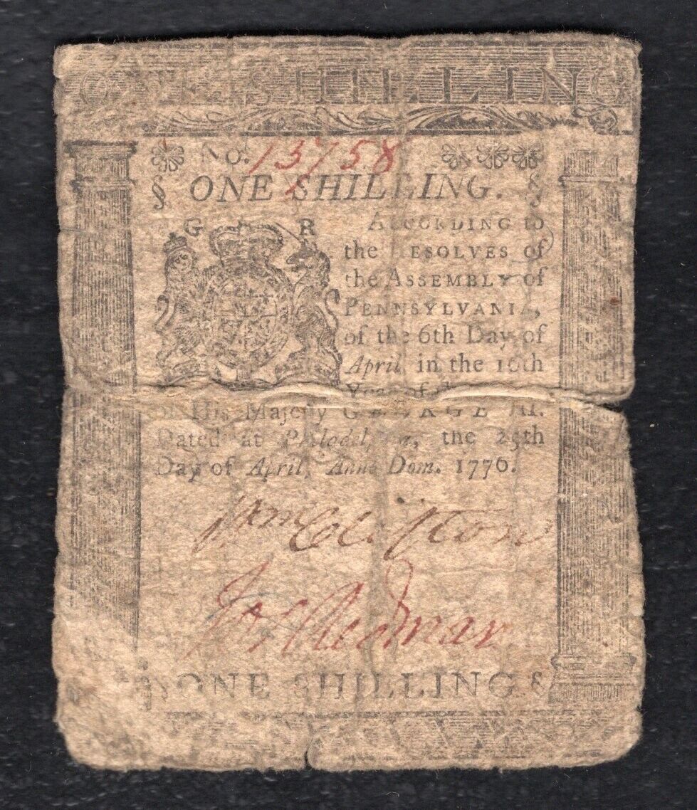 PA-201 APRIL 25, 1776 1s ONE SHILLING PENNSYLVANIA COLONIAL CURRENCY NOTE