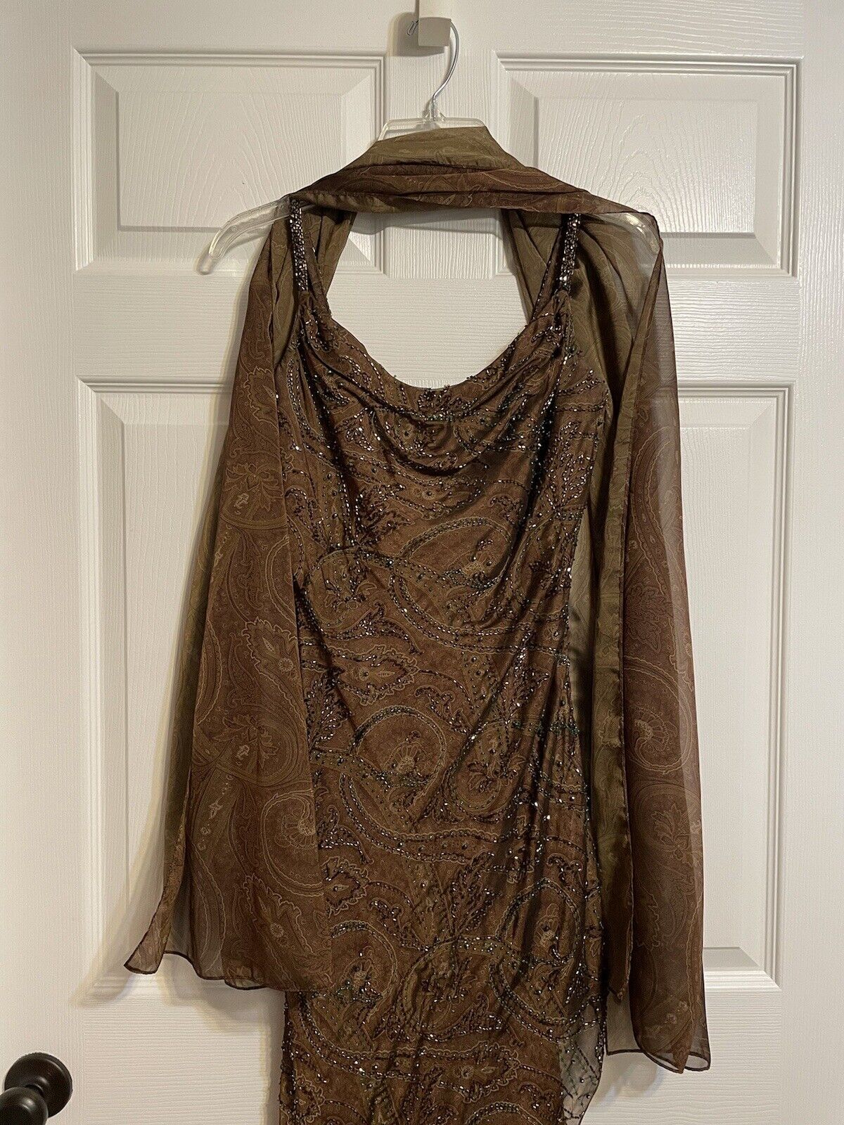 Vintage Victoria Royal Hand Beaded Brown Floral Paisley  Gown With Scarf Size 4