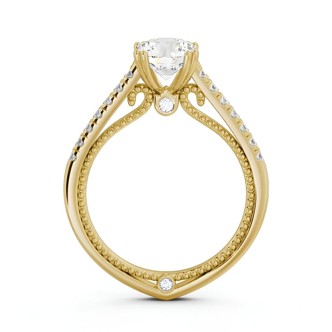  18K Yellow Gold Vintage Style Solitaire Side Stones Lab Grown Dimond Ring