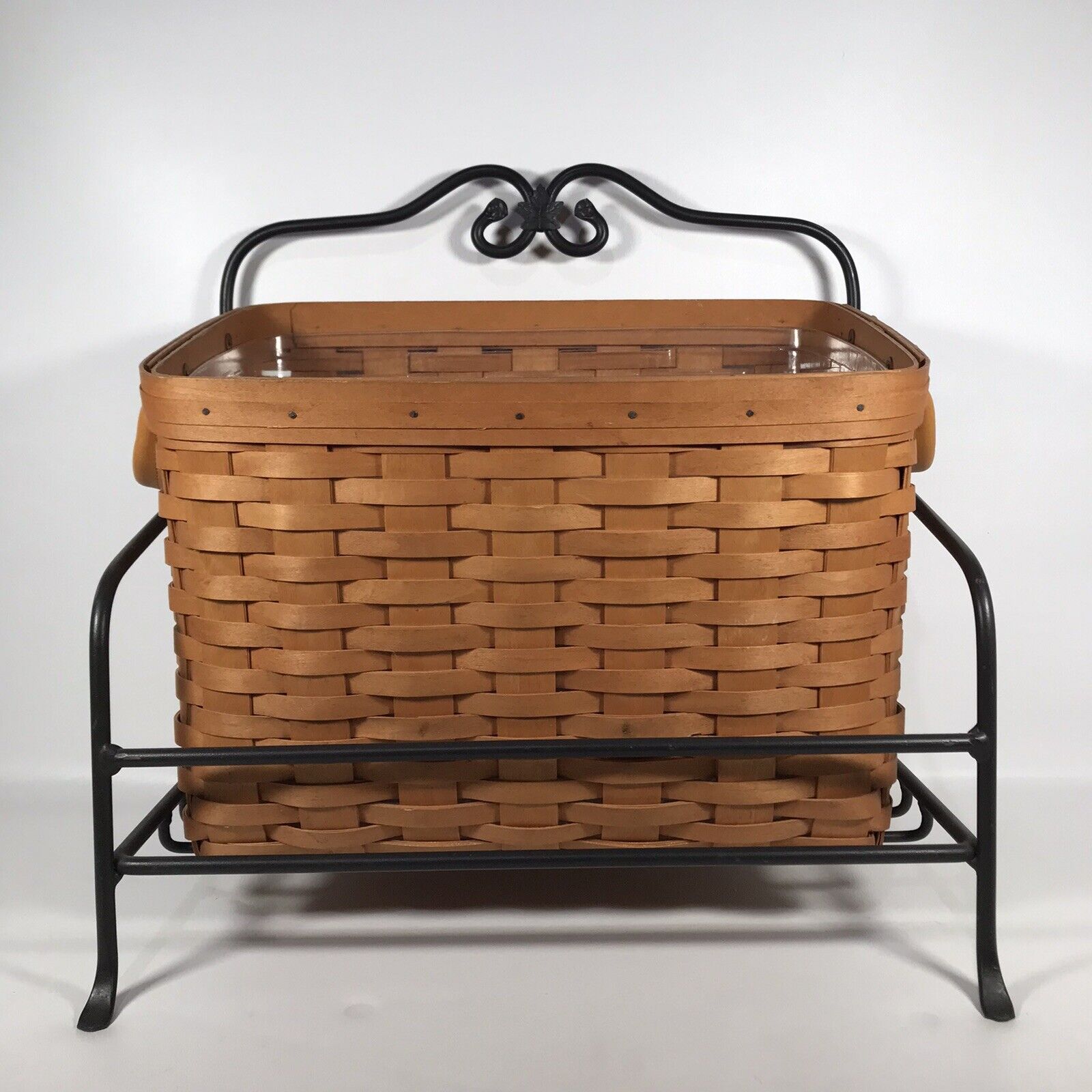 Longaberger Newspaper Basket With Wrought Iron Stand Divided Plastic Protector