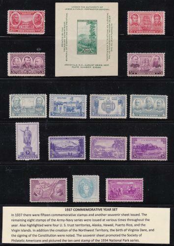 U S 1937 Commemorative Year Set (15 stamps, 1 ss) Mint Never Hinged