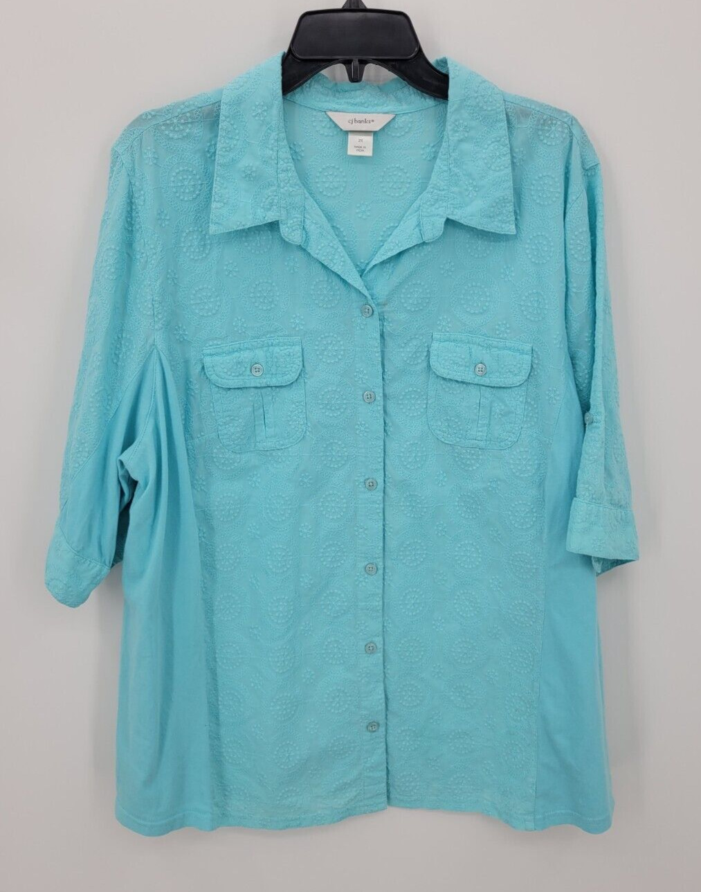 CJ Banks Top Womens Plus 2X Blue Textured Short Sleeve Button Up Casual Artsy