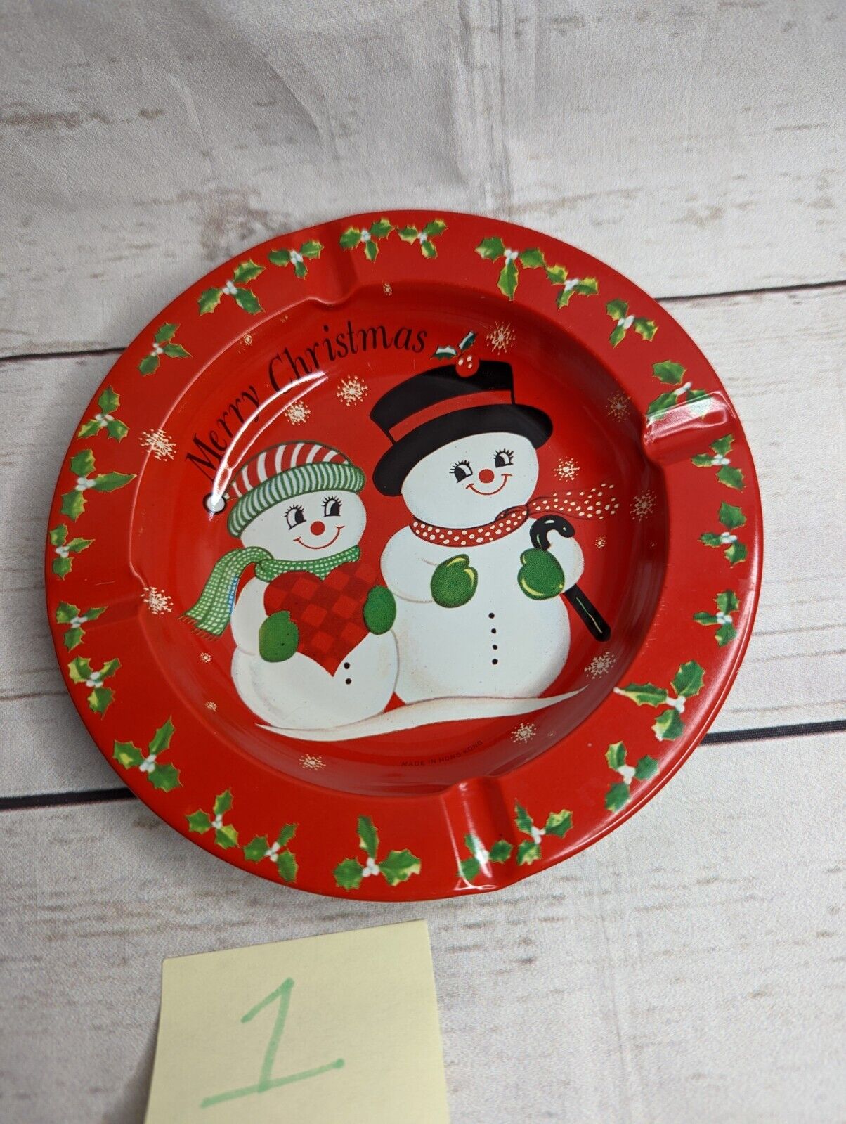 Vintage Snowman Christmas Tin Ashtray McCrory Corp Made Hong Kong 5.5\