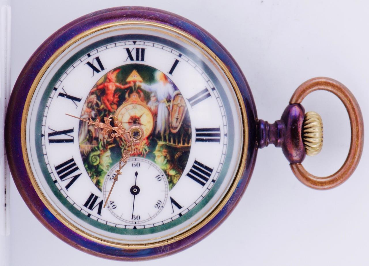 Antique Pocket Watch  Masonic Cyma Gunmetal Fancy Enamel Dial Demonstrator Case