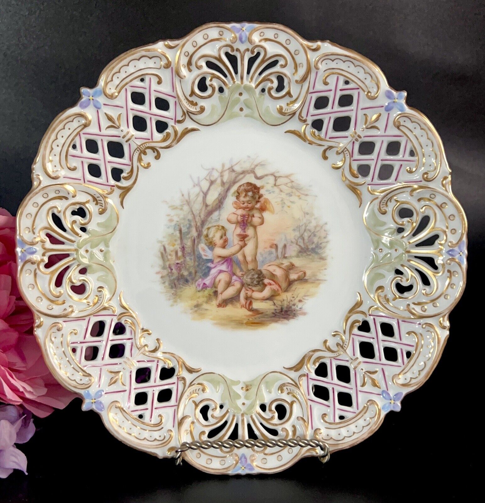 Antique Dresden Pierced Plate Fully Hand Painted Cherubs - Richard Klemm (?) 8”