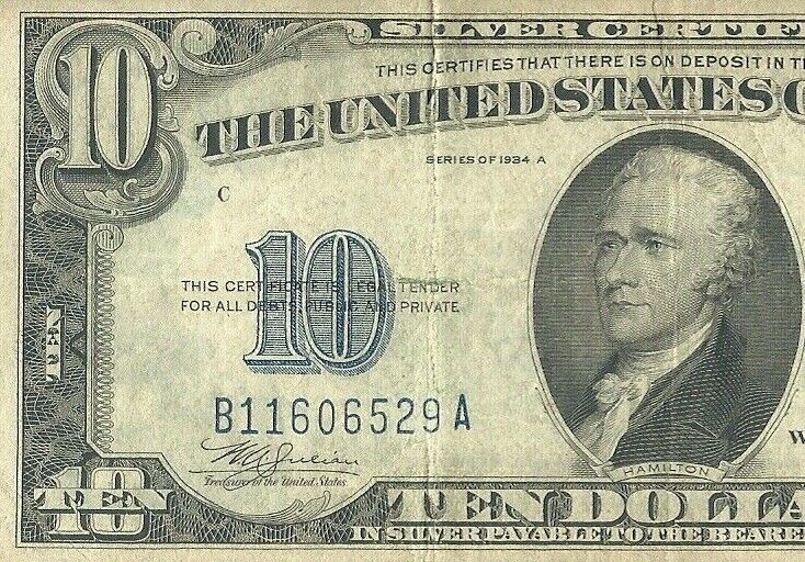 1934A TEN DOLLAR BILL NOTE B11606529A. VINTAGE IN GREAT CONDITION.