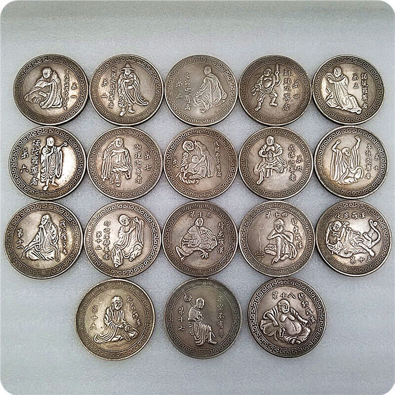 China Ancient Eighteen Arhats Silver Dollars Silver Antiques Silver Coins 18Pcs