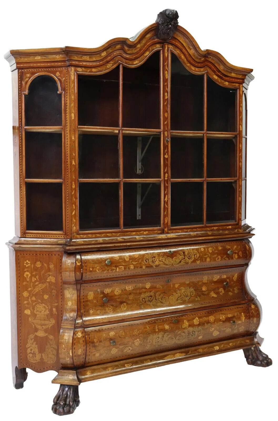 Antique Vitrine, On Chest, Dutch Marquetry, Inlaid, Display, 18th C, 1700s