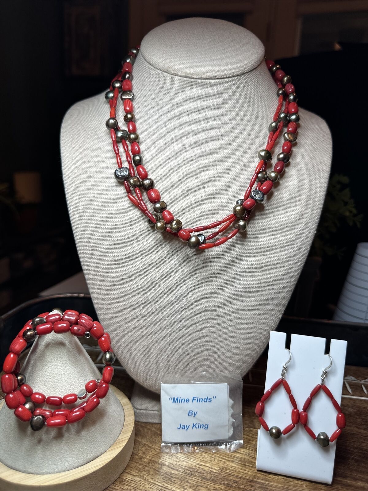 Vtg Jay King Red Coral Black Fw Pearl 925 Necklace Bracelet & Earrings Set