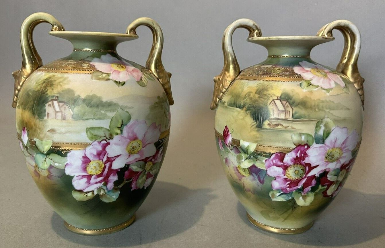 Pair of Antique Nippon Porcelain Floral Decorated Hand Painted 8.75\