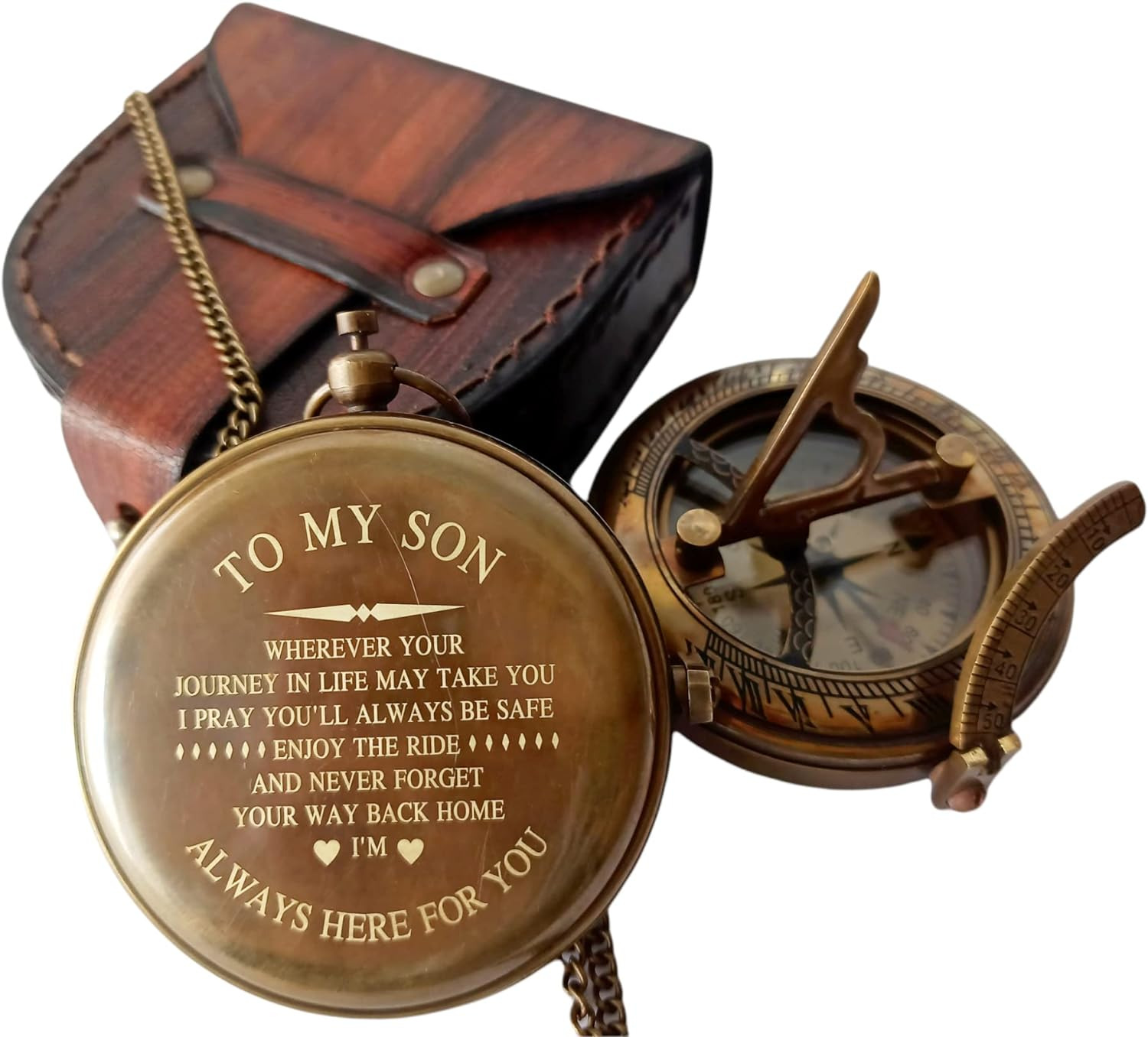 To My Son Compass Personalized Sundial Compass with Leather Case/Gift