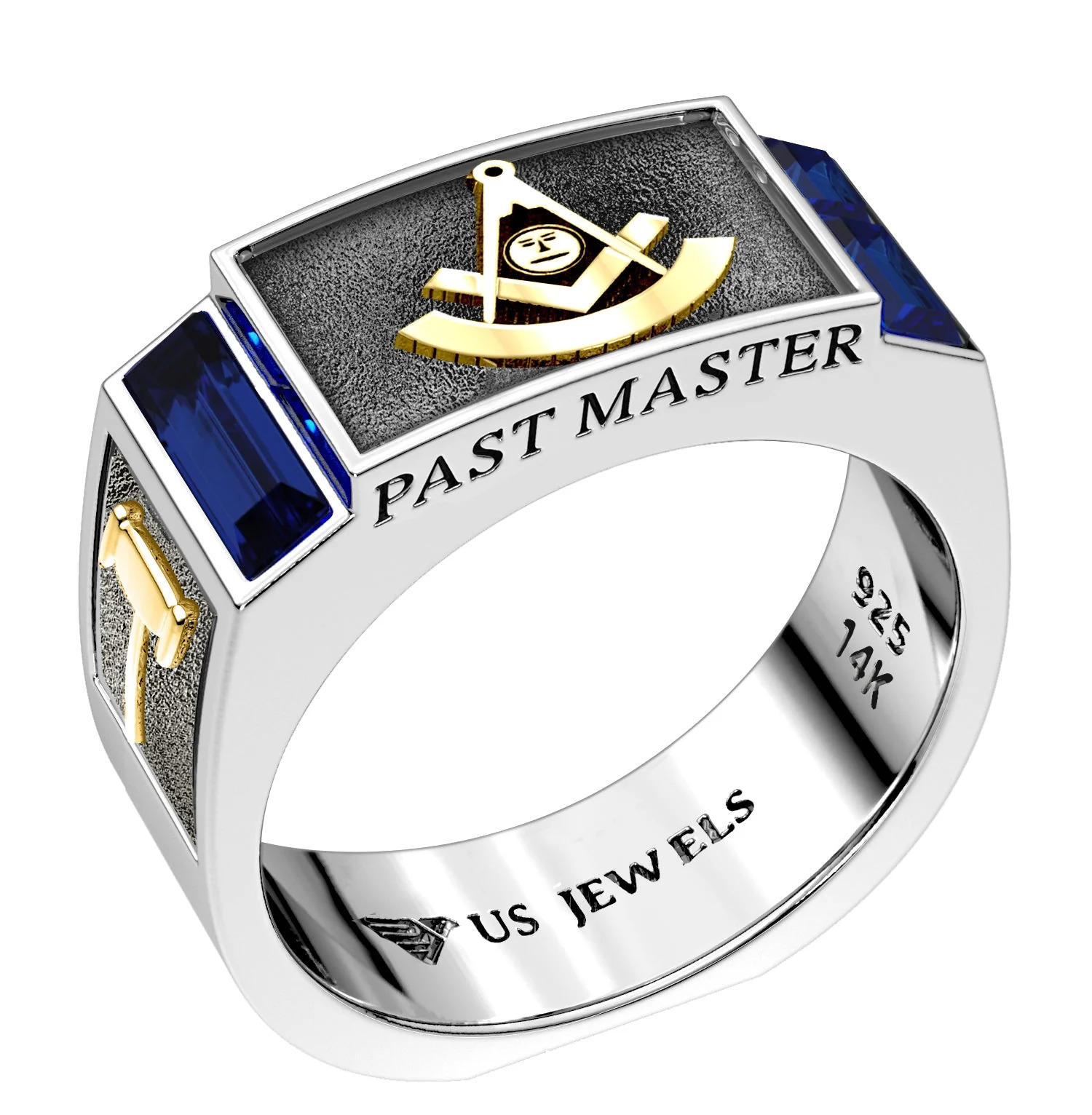 Men\'s 8mm Two Tone 925 Sterling Silver Past Master Synthetic Sapphire Masonic Ri