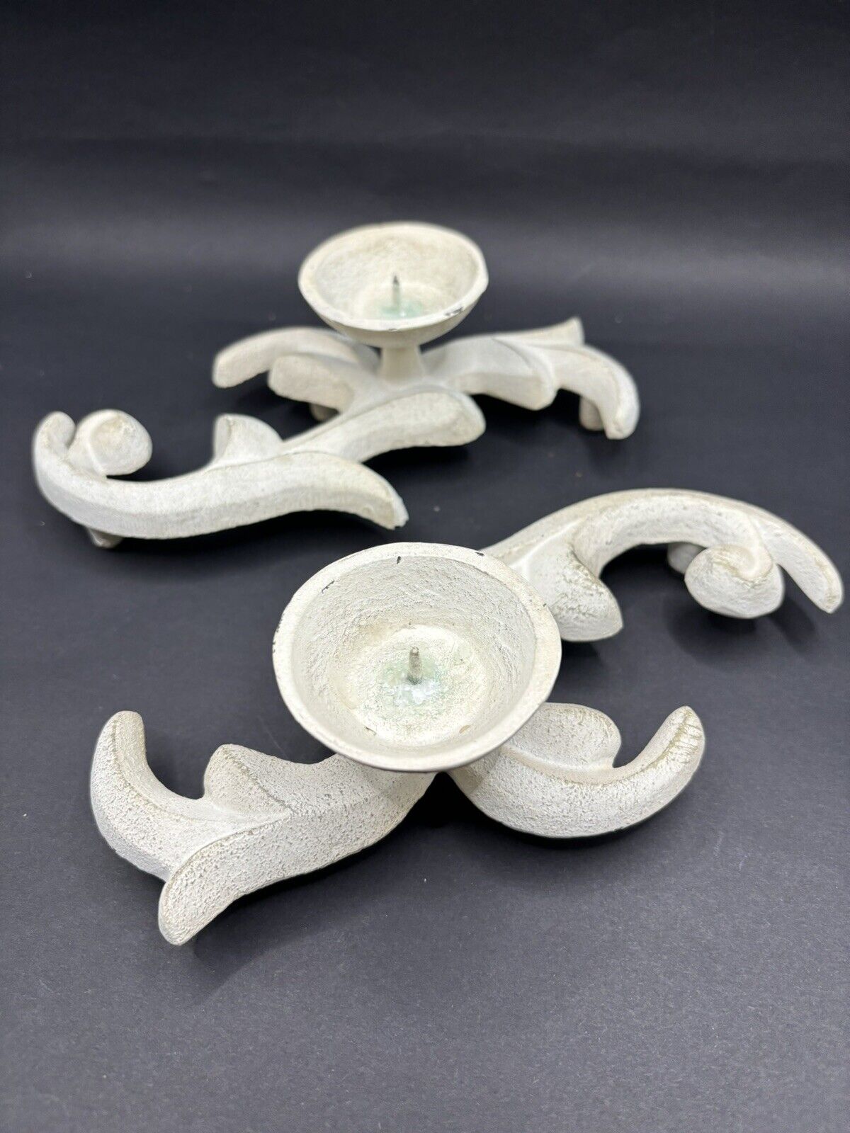 Vintage Pair Cast Iron? Painted Scroll Candle holders Distressed Boho Decor
